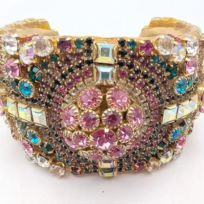 Sale Photo Thumbnail #33: Dazzling Colorful Rhinestone Cuff Bracelet, Signed Elise 1986