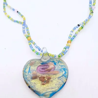 Sale Photo Thumbnail #97: Art Glass Heart Pendant on Beaded Glass Seed Bead Necklace