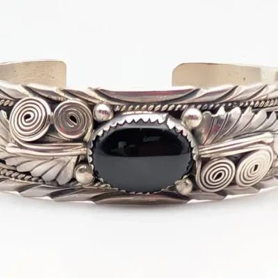Sale Photo Thumbnail #37: Sterling Southwestern Style Cuff Bracelet with Black Onyx Cabochon