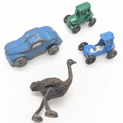 Sale Photo Thumbnail #190: Three Miniature Metal Cars and Metal Miniature Ostrich