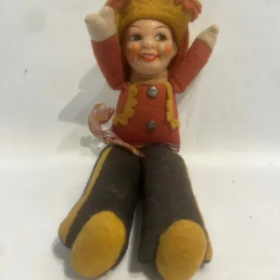 Sale Photo Thumbnail #335: Vintage 7" Felt Pixie Elf Doll – Composition Face – Mid-Century Holiday Figurine