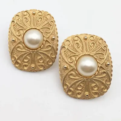 Sale Photo Thumbnail #17: Gold Tone and Faux Pearl Rectangular Pierced Earrings with Scroll Pattern