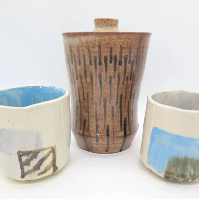 Sale Photo Thumbnail #206: Lidded Pottery Jar | Two Pottery Cups with Geometric Pattern