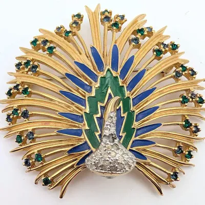 Sale Photo Thumbnail #63: Vintage Jomaz Gold Tone, Rhinestone  And Enamel Peacock Brooch