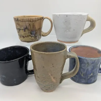 Sale Photo Thumbnail #212: Five Misc. Handmade Pottery Coffee Mugs by Cincinnati Artist