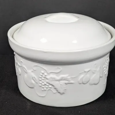 Sale Photo Thumbnail #269: White Lidded Casserole Dish with Raised Fruit Motif Signed WCL