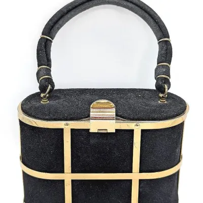 Sale Photo Thumbnail #144: Vintage Saks Fifth Avenue Black Suede and Metal Cage Purse