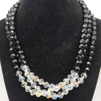 Sale Photo Thumbnail #53: Multi Strand Black and Aurora Borealis Beaded Necklace with Sterling Silver Clasp