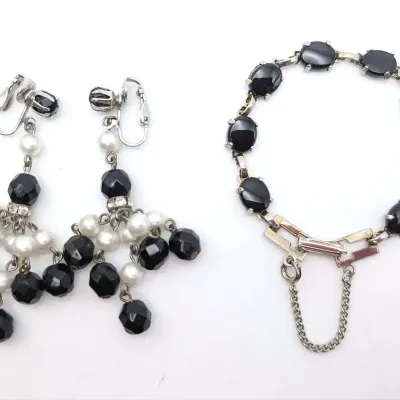 Sale Photo Thumbnail #95: Black and White Beaded Clip On Earrings | Silver Tone Black Bracelet