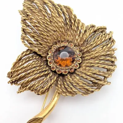 Sale Photo Thumbnail #35: Large Gold Tone Leaf Brooch with Amber Colored Glass Center by Jeanne