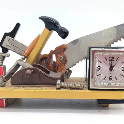 Sale Photo Thumbnail #301: Miniature Waterbury Clock Co Desk Clock with Woodworker's Work Bench 