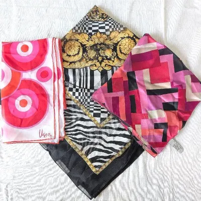 Sale Photo Thumbnail #252: Three Fashion Scarves | Vera | Elaine Gold Silk Pink Red and Black | Black White Zebra