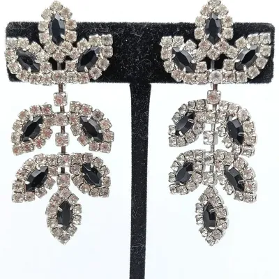 Sale Photo Thumbnail #12: Kenneth Lane Dramatic Black and White Rhinestone Clip On Dangle Earrings
