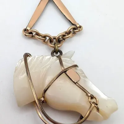 Sale Photo Thumbnail #15: Antique Gold Filled Equestrian Watch Fob With Carved Mother Of Pearl Horse Head