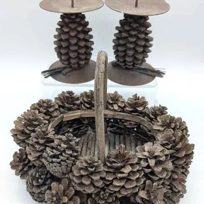Sale Photo Thumbnail #199: Pinecone Basket | Pair of Pinecone Candle Holders  