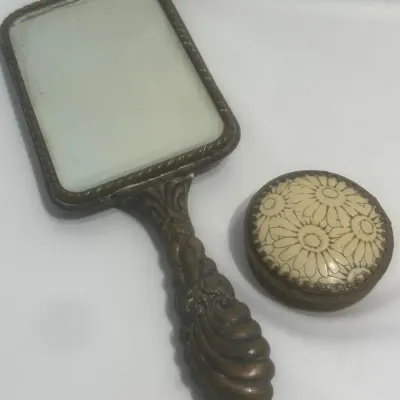 Sale Photo Thumbnail #329: Vintage Ornate Hand Mirror & Austrian Floral Compact