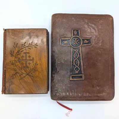 Sale Photo Thumbnail #239: Two Vintage Unquie Bibles | Wood Cover | Leather Cover