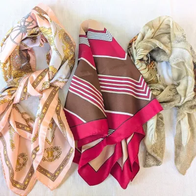 Sale Photo Thumbnail #260: Three Fashion Scarves | Oscar de la Renta Cheetas | Pink & Gold Equestrian | Maroon & Brown Stripe
