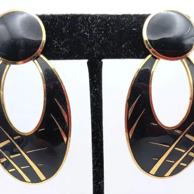 Sale Photo Thumbnail #54: Vintage L. barr Gold Tone and Black Enamel Oval Pierced Earrings
