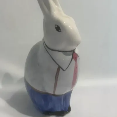 Sale Photo Thumbnail #334: Vintage Fomerz Ceramic Rabbit Figurine – Made in Taiwan – 8" Tall Whimsical Dressed Bu