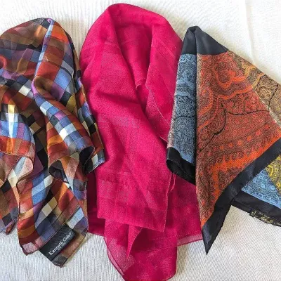 Sale Photo Thumbnail #254: Three Fashion Scarves | Kenneth Cole Silk Block Pattern | Solid Fuchsia | Ashear Silk Paisley