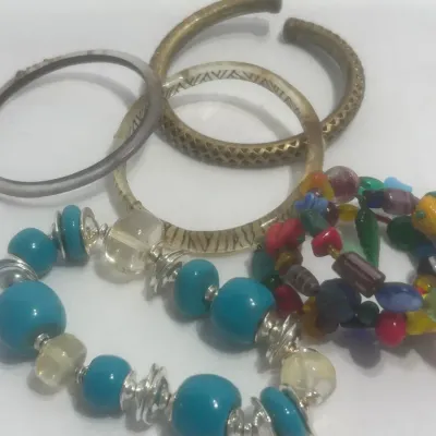 Sale Photo Thumbnail #331: Mixed Lot of Vintage & Artisan Bracelets – Glass Beads, Lucite & Brass Cuff