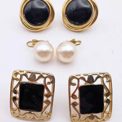 Sale Photo Thumbnail #77: Three Pairs of Clip On Earrings | Round Black Napier | Faux Pearl | Black Square
