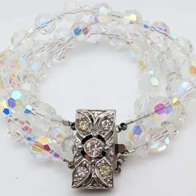 Sale Photo Thumbnail #109: Vintage Aurora Borealis Beaded Bracelet with Rhinestone Clasp