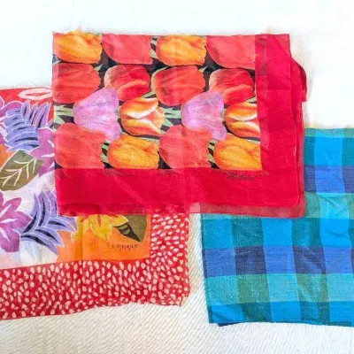 Sale Photo Thumbnail #263: Three Vibrant Silk Scarves | Blue Slub Silk Checked | Tulip from Holland | Tropical by Runway
