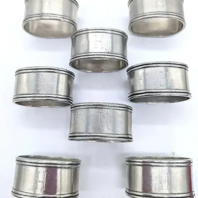 Sale Photo Thumbnail #280: Set of 8 Pewter Napkin Rings with "H" Monogram