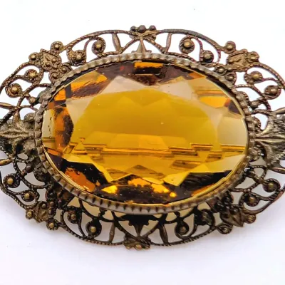 Sale Photo Thumbnail #3: Antique Amber-Colored Glass and Brass Brooch