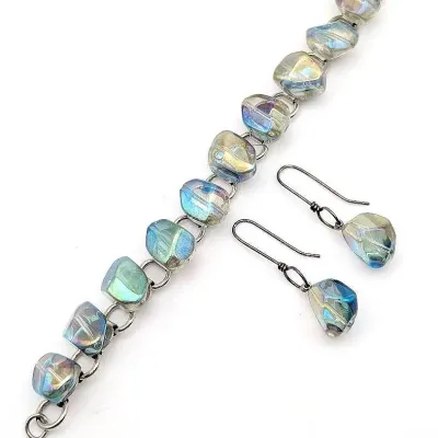 Sale Photo Thumbnail #5: Vintage Iridescent Link Bracelet and Pierced Earrings Set