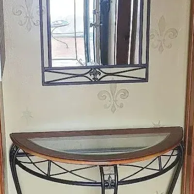Sale Photo Thumbnail #307: Fleur-de-lis Demilune Glass Top Table And Matching Mirror 