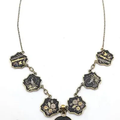 Sale Photo Thumbnail #44: Vintage Gold Tone and Black Enamel Made in Japan Asian Themed Necklace