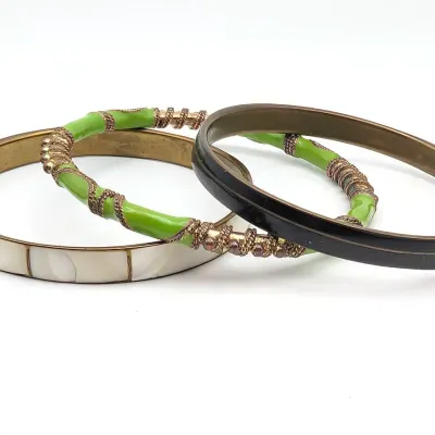 Sale Photo Thumbnail #14: Three Bangle Bracelets | Mother of Pearl |Green Enamel | Black and Brass