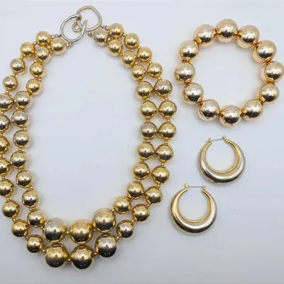 Sale Photo Thumbnail #93: Gold Tone Jewelry Set | Large Beaded Neckalce | Large Beaded Bracelet | Pierced Hoop Earrings
