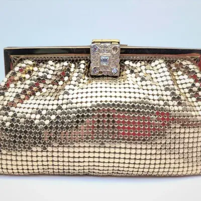 Sale Photo Thumbnail #60: Vintage Whiting and Davis Gold Tone Metal Mesh Clutch Purse