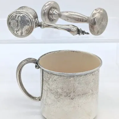 Sale Photo Thumbnail #142: Sterling Silver Baby Items | Reed & Barton Cup | 2 Rattles