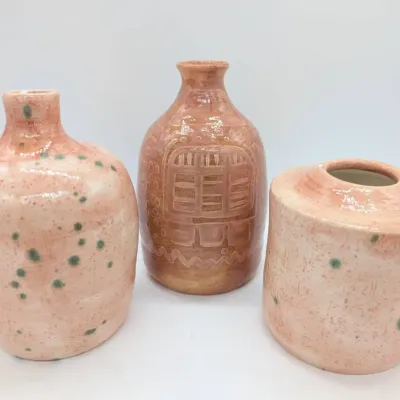 Sale Photo Thumbnail #198: Three Handmade Pottery Vesels in Oranges by Cincinnati Artist