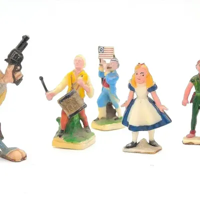 Sale Photo Thumbnail #185: 6 Miniature Figures | Panchito Pistoles | Alice in Wonderland | 3 Revolutionary War | Peter Pan