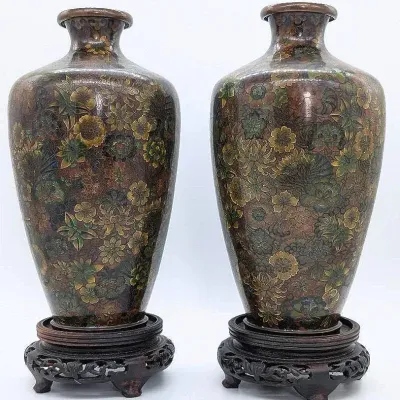 Sale Photo Thumbnail #149: Vintage Brown Gold Green Cloissone Vases with Carved Wood Stands