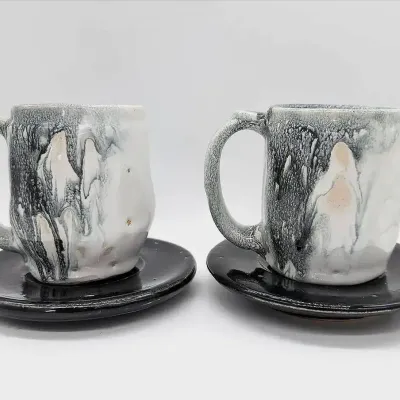 Sale Photo Thumbnail #167: Black and White Handmade Pottery Cups and Saucers by Cincinnati Artist