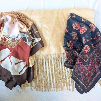 Sale Photo Thumbnail #261: Three Fashion Scarves | Metropolitan Museum of Art Horses | Gold Sheer w/ Frings | Floral