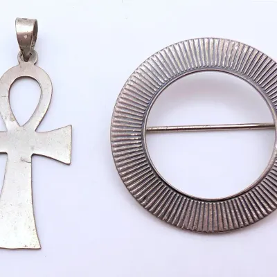 Sale Photo Thumbnail #118: Sterling Silver Jewel Art Circle Pin | Silver Tone Ankh
