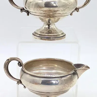 Sale Photo Thumbnail #140: Weighted and Reinforced Sterling Silver Creamer and Sugar Signed KMK