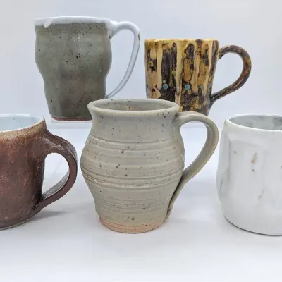 Sale Photo Thumbnail #211: Five Misc. Handmade Pottery Coffee Mugs by Cincinnati Artist