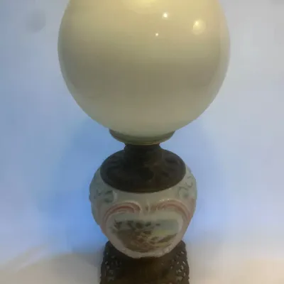Sale Photo Thumbnail #322: Antique Consolidated Oil Lamp w/ Scenic Porcelain Body, Ornate Metal Base & Shades