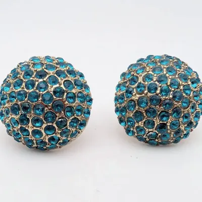 Sale Photo Thumbnail #11: Vintage Teal Rhinestone and Gold Tone Pierced Earrings