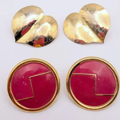 Sale Photo Thumbnail #91: Two Pairs of Pierced Earrings | Red Enamel  L Barr | Gold Tone Leaves