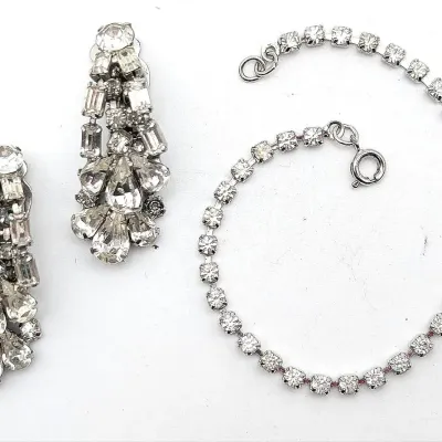 Sale Photo Thumbnail #82: Vintage Rhinestone Bracelet and Clip On Earrings Set
